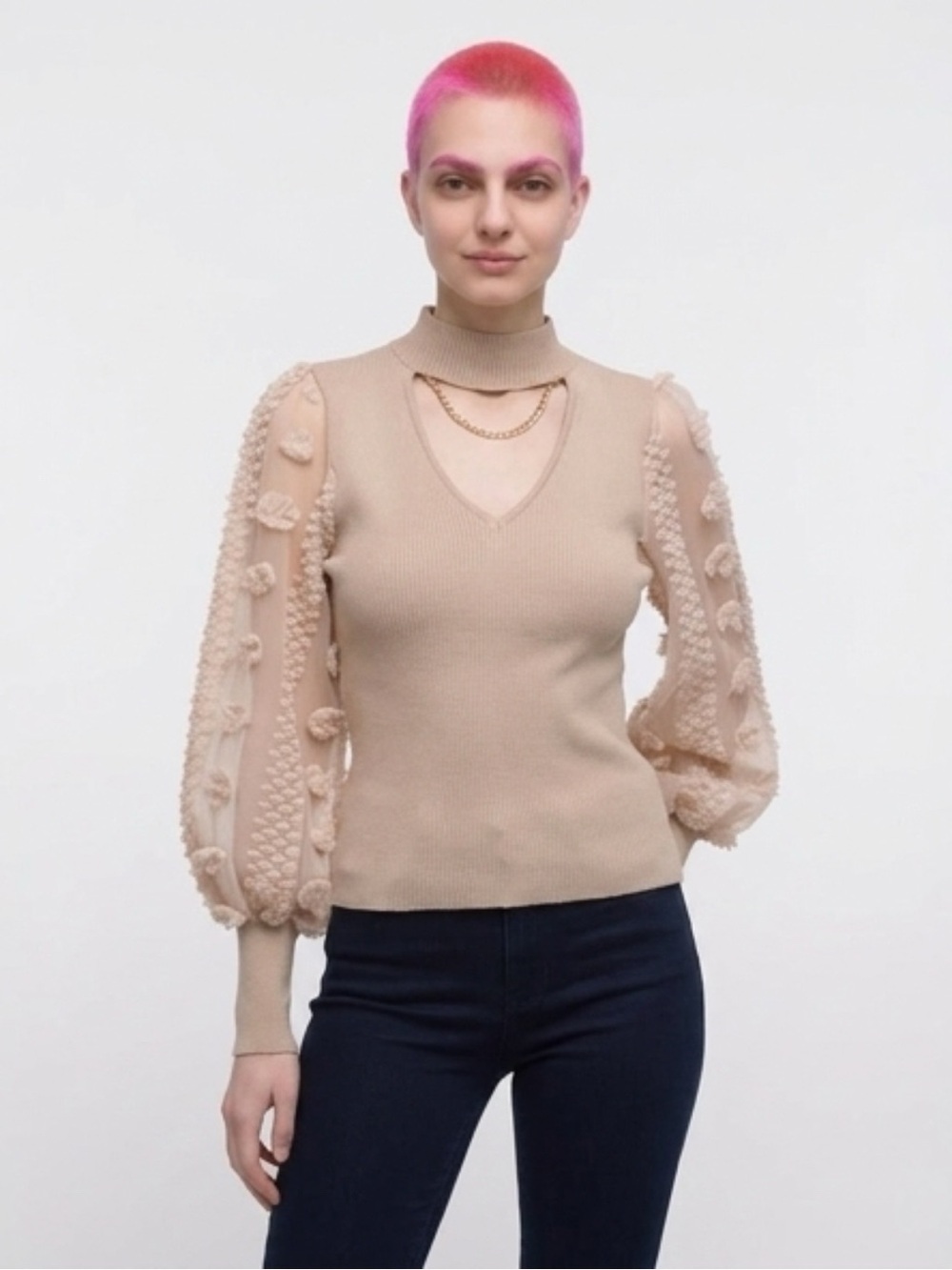 Almost Famous Cream Puff-Sleeve Mock Neck Sweater with V Cutout